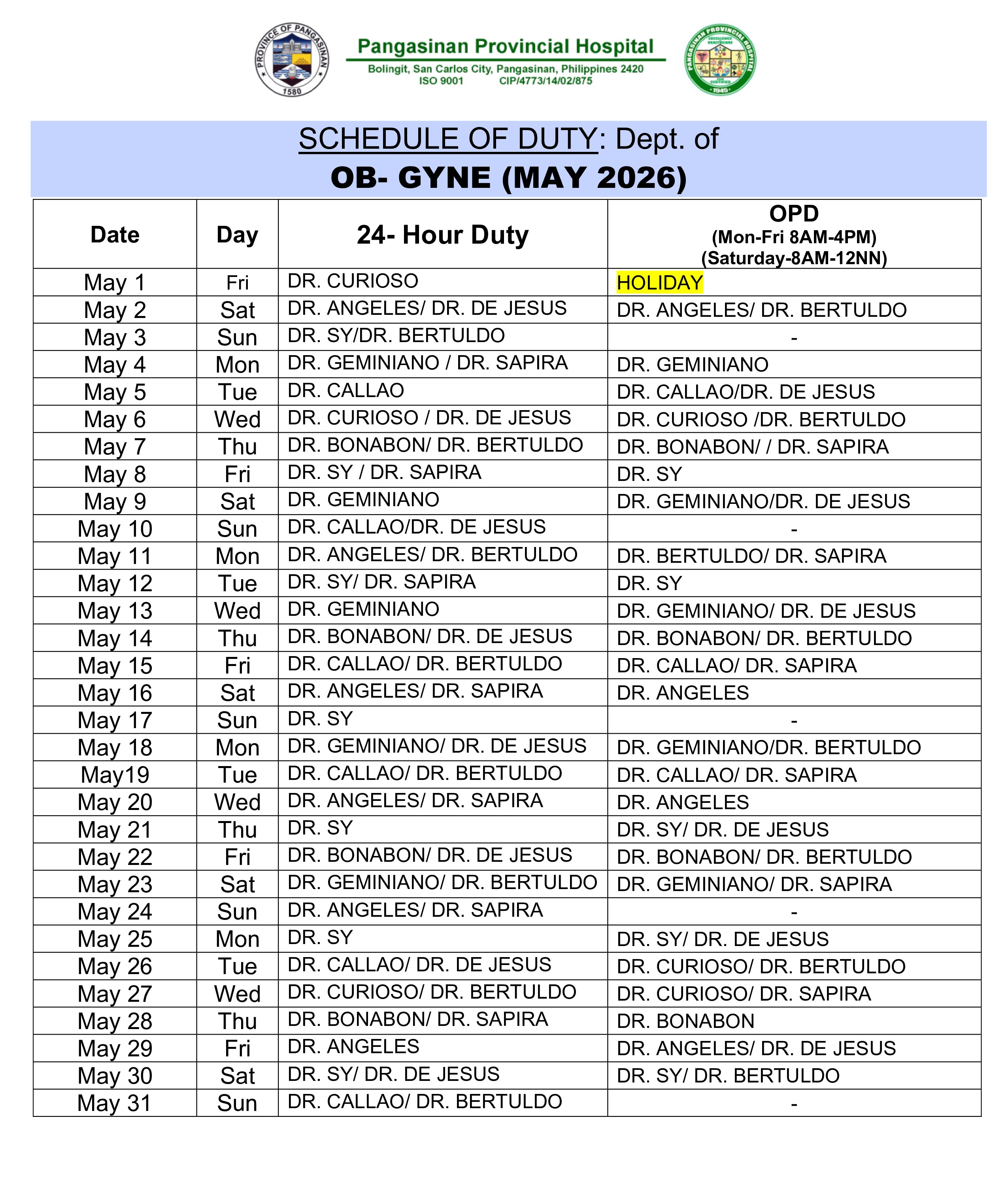 Monthly Schedule